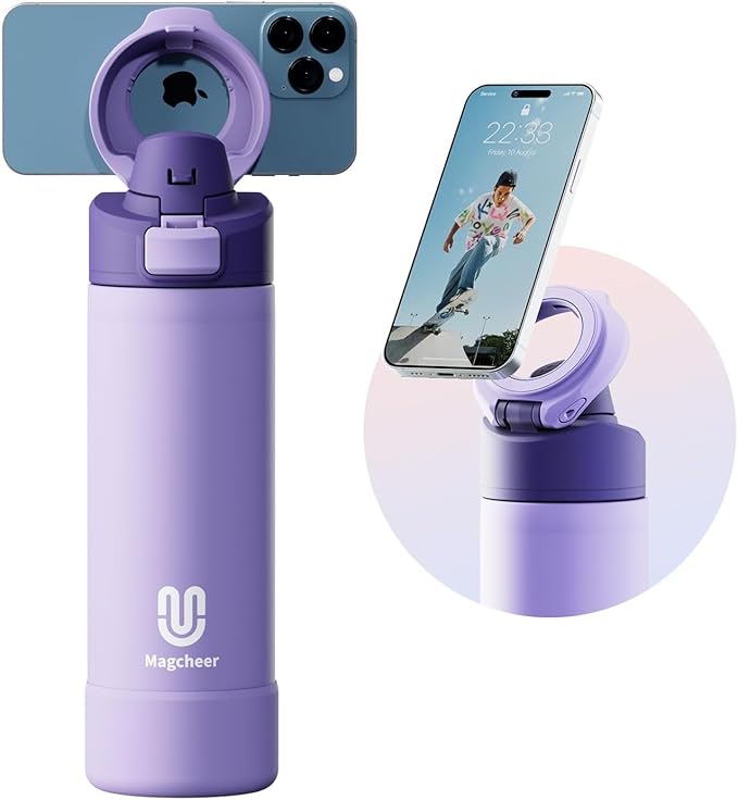 Insulated Magnetic Water Bottle - Reusable Stainless Steel Bottle with MagSafe Compatible Phone Holder - Keeps Cold for 24 Hours - Perfect for Gym, Sports, and Travel - Lavender 24oz Magcheer