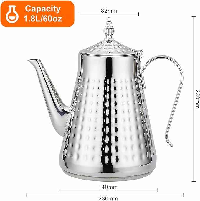 SANQIAHOME 1.8L(60oz) Stainless Steel Hammer Patterned Teapot With Removeable Infuser,Loose leaf cover,Silver - Bloomnest