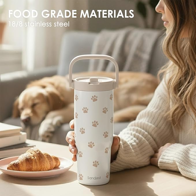 SANDJEST Paw Prints Stainless Steel Straw Lid Tumbler 30oz with Carry Handle for Women Girls Pet Lover Dog Mom Cat Mom, Insulated Travel Coffee Cup, Gift for Sports Workout Christmas Birthday - Bloomnest