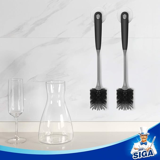 MR.SIGA Long Handle Bottle Brush, Flexible Scrub Brush for Water Bottles, Glasswares, Mugs, Black, 2 Pack - Bloomnest