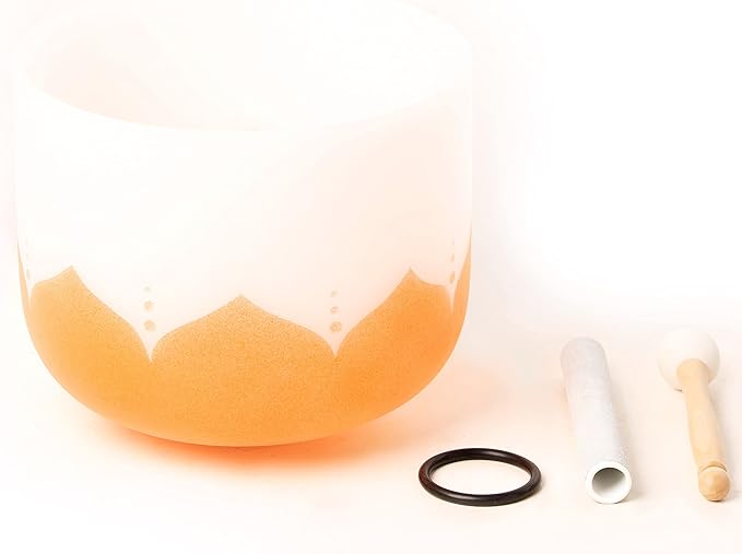 Leize Quartz Crystal Singing Bowl 432hz D Note Sacral Chakra Navel Chakra Orange Lotus Design 11" Wide with Suede Striker - Bloomnest
