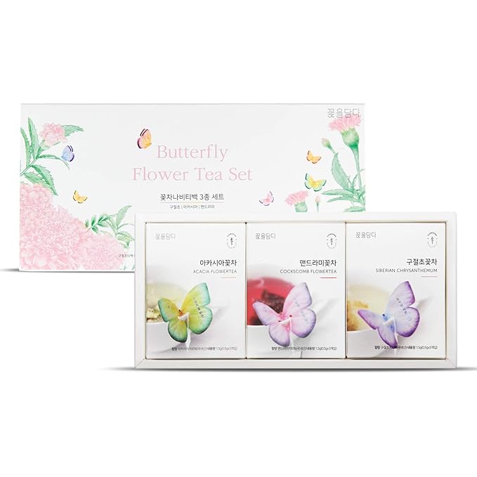 KKOKDAM Korean Tea Gift Set Sampler – 3 Flavor Pink Butterfly Tea Bag Sampler – Elegant Box for Tea Lovers - Perfect as Korean Gifts for Women - Bloomnest