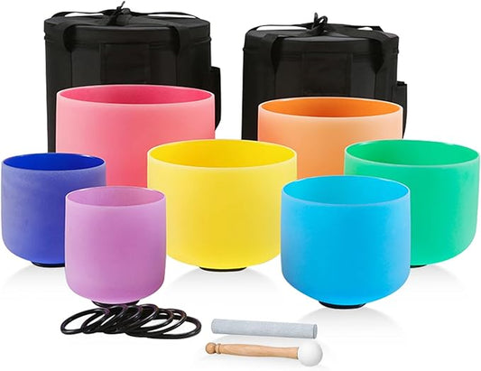 432HZ 6-12 Inch 7 Pcs Colored Frosted Crystal Singing Bowl Set for Meditation Healing Yoga Chakra Quartz Crystal Sound Bowls with Heavy Duty Carry Cases and Rubber Mallet,Suede Striker,O-rings - Bloomnest