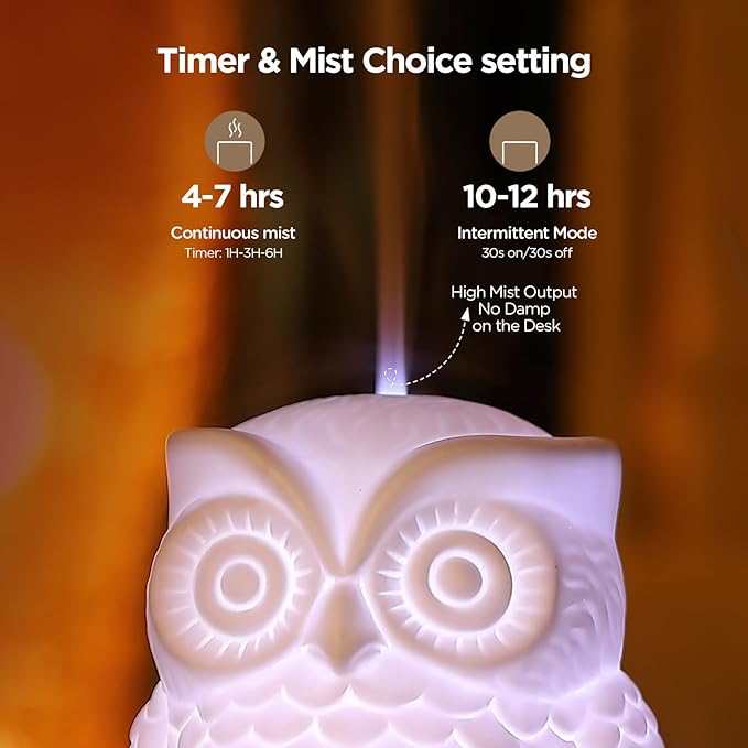Owl Ceramic Aromatherapy Diffuser INRORANS 160ml Stone ultrasonic Cool Mist Scent Essential Oil Diffuser Humidifier with Intermittent Mist & LED 7 Colors Changing Night Light for Bedroom Office Home - Bloomnest