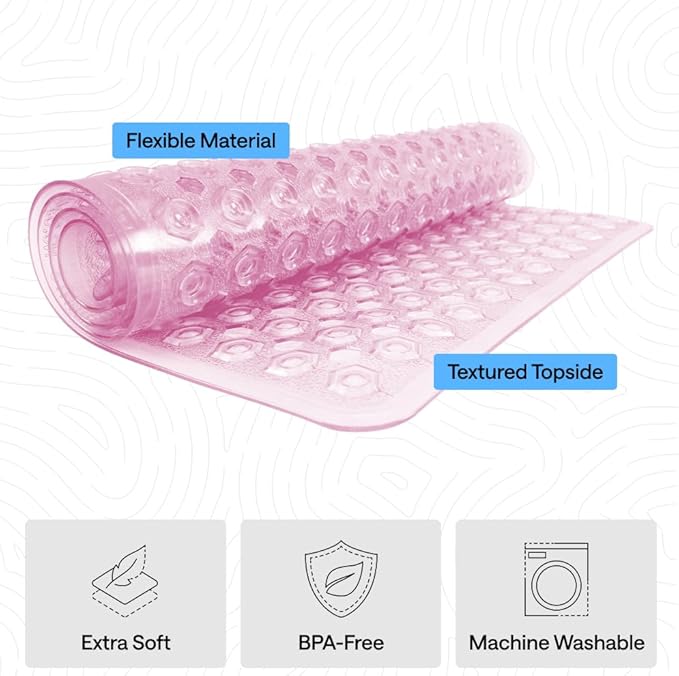 GORILLA GRIP Patented Bath Tub Shower Mat, Machine Washable Bathtub Floor Liner Mats, Suction Cups and Drain Holes to Keep Tubs Clean, Soft on Feet, Bathroom Essentials, 35x16 Inch, Clear Light Pink - Bloomnest