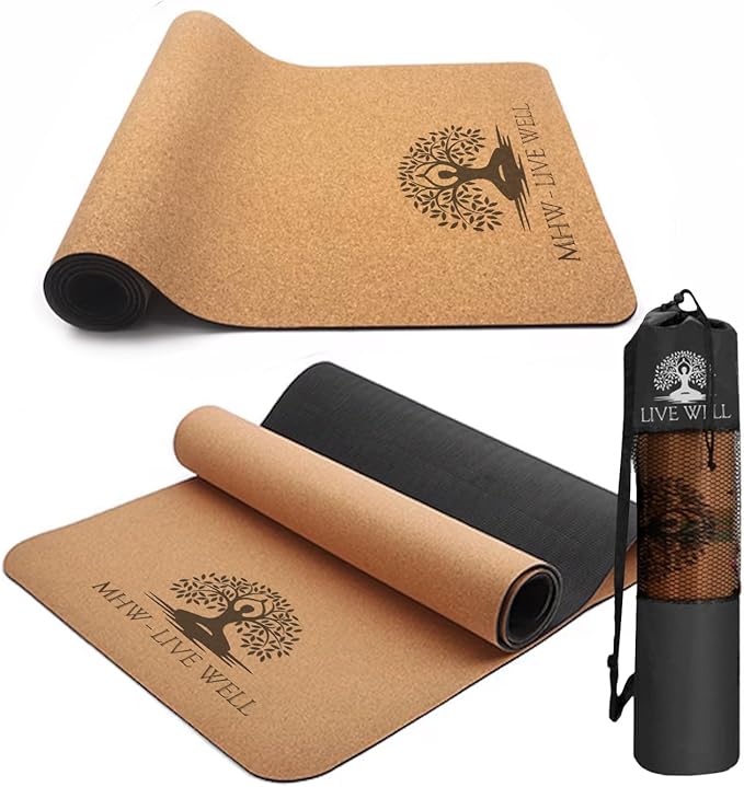 MHW - Live Well Thick Non-Slip Yoga Mats for Home Workout – Eco-Friendly Cork & TPE Yoga Mats | Extra Wide, Long, Foldable, Odorless Exercise Mats with Strap & Bag – Travel-Friendly & Portable