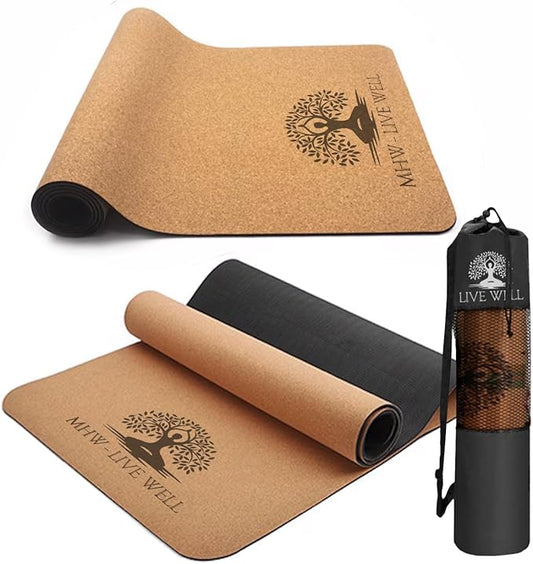 MHW - Live Well Thick Non-Slip Yoga Mats for Home Workout – Eco-Friendly Cork & TPE Yoga Mats | Extra Wide, Long, Foldable, Odorless Exercise Mats with Strap & Bag – Travel-Friendly & Portable