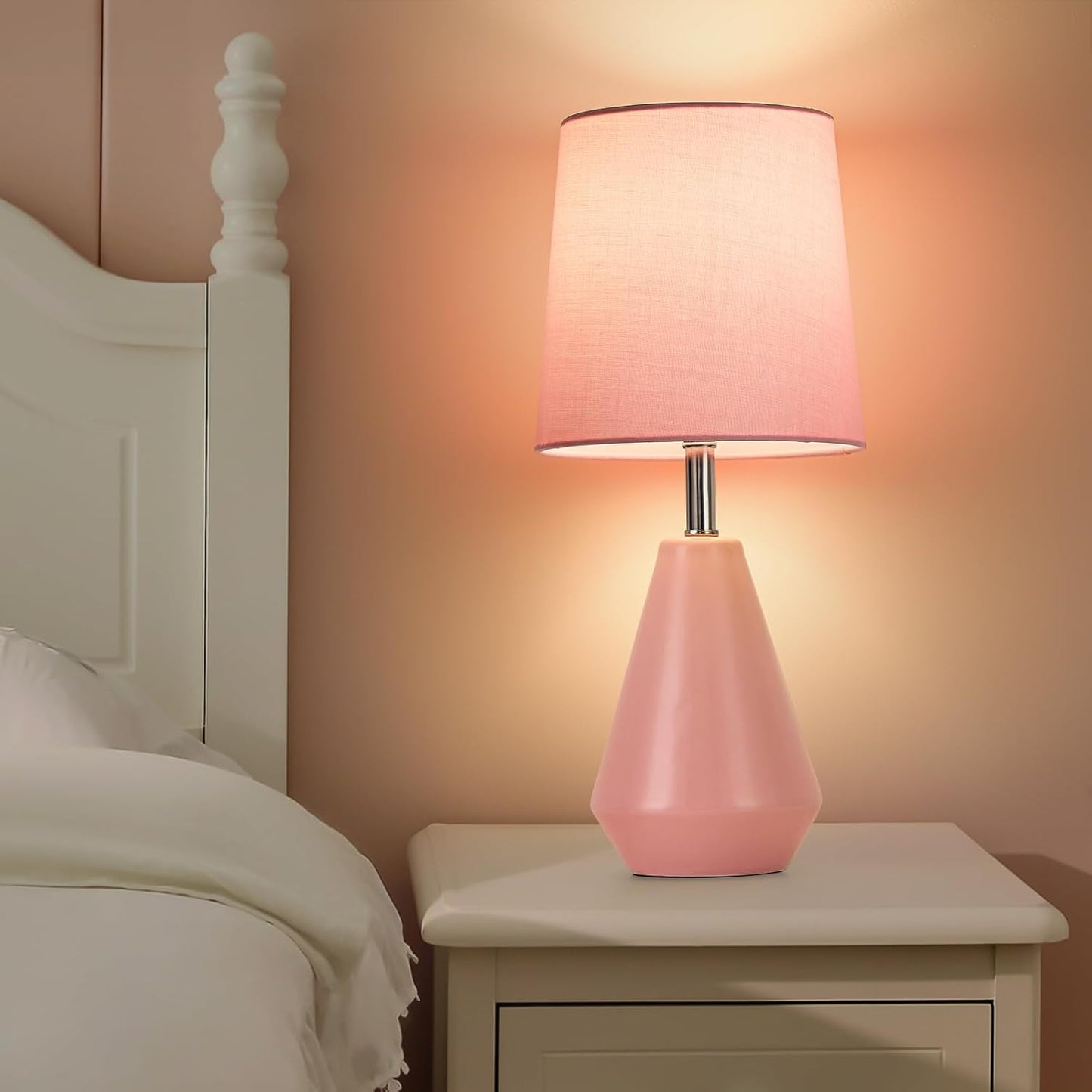 Small Bedside Table Lamp for Bedroom - Reading Desk Lamp with 3 Color Temperatures，15.5" Nightstand Ceramic Lamp with Fabric Shade for Kids Room,Living Room,Dorm,Home Office (Pink)