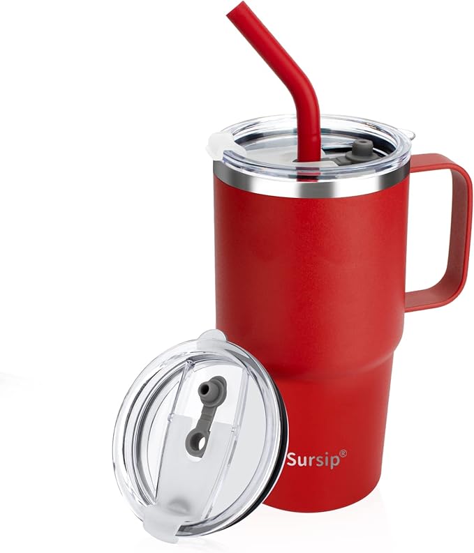 Sursip 24 oz Insulated Cup with Handle, Double Wall Vacuum Stainless Steel Tumbler with Straw and 2 Lids, For Cold/Hot Drinks, Coffee Travel Mug for Car/Home/Office/Party/Camping (Red-1 Pack) - Bloomnest