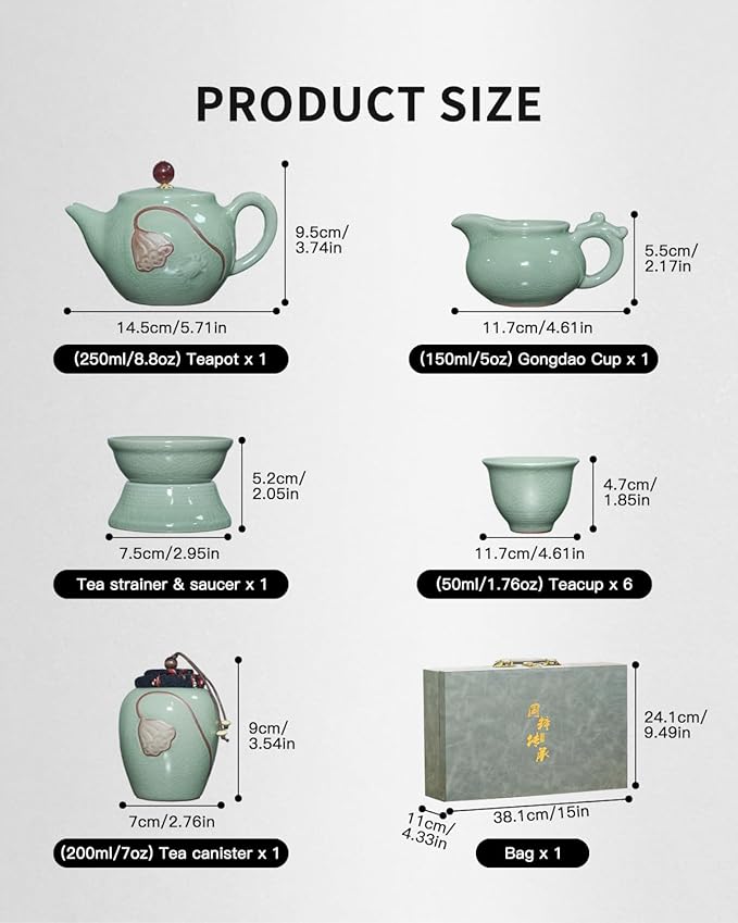 Traditional Chinese Tea Sets for Adults, Gongfu Teapot and Cups with Green Crackle Glaze, Lead-Free Ge Yao Porcelain Tea Set for Tea Party Ceremony Zen Meditation with Portable Gift Box - Bloomnest