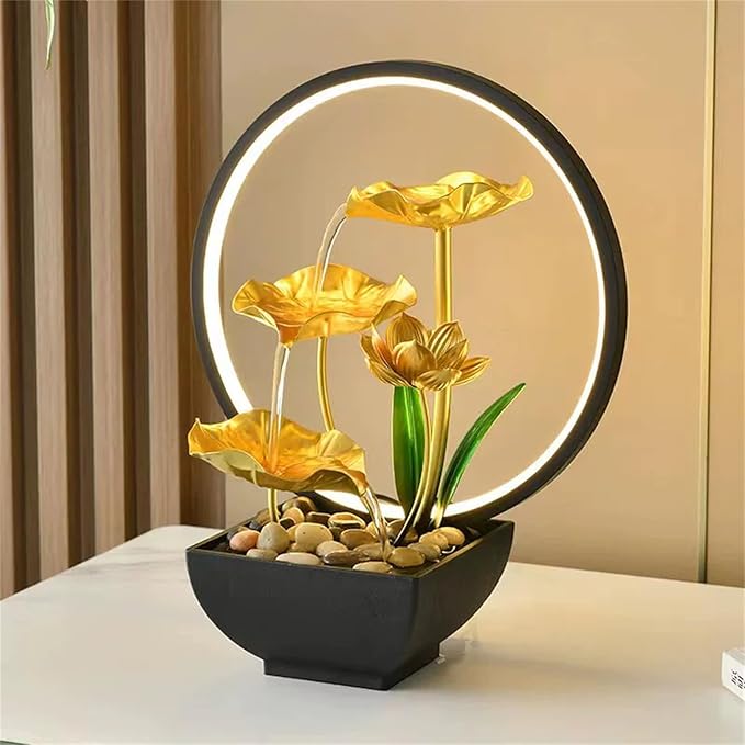Tabletop Water Fountain with Led Light, Gold Lotus Waterfall Fountain Indoor 11 in USB Powered Flower Waterfall Zen Table Fountains with 1 Replacement Water Pump - Bloomnest
