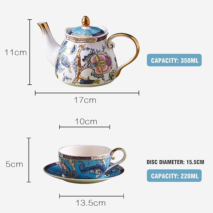 ACMLIFE Tea for One Teapot and Cup, Vintage Floral Porcelain Tea Set for One, Bone China Teapot with Cup Set, Tea Pot Gift for Women (Blue-A) - Bloomnest