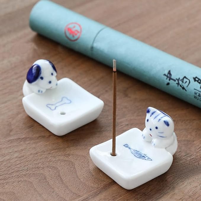 Set of 2, Japanese Mini Cute Kitty Cat with Dog Handmade White Ceramic Incense Stick Holder or Incense Burner Holder, Inscent Tray for Home Decor Yoga Spa Meditation, 1.42 inches - Bloomnest