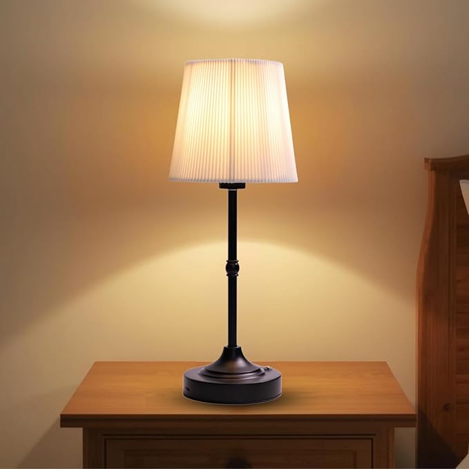 Rechargeable Cordless Table Lamp, Warm Desk Light, Wireless Touch Lamps with Stepless Dimmable Brightness & Fabric Shade for Nightstand Bedside Living Room (Black, Twill) - Bloomnest
