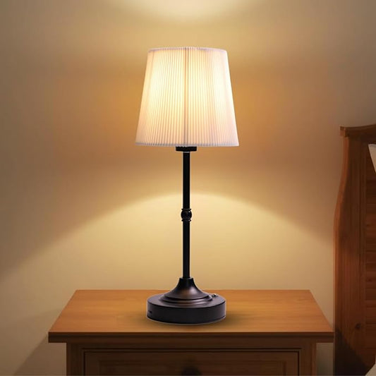 Rechargeable Cordless Table Lamp, Warm Desk Light, Wireless Touch Lamps with Stepless Dimmable Brightness & Fabric Shade for Nightstand Bedside Living Room (Black, Twill) - Bloomnest