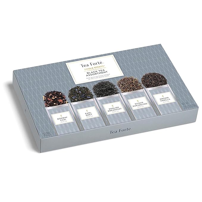 Tea Forte Black Tea Assortment Single Steeps Loose Leaf Premium Tea Gift Set Sampler, 15 Count 3 of Each Assorted Blends, Pre-Portioned Single Serve Pouches, Steeps 12 oz - Bloomnest