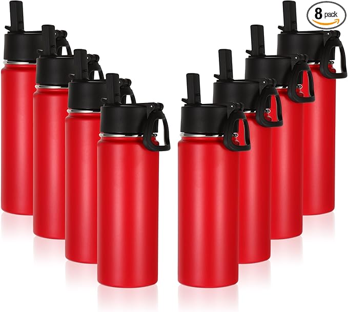 Volhoply 16 OZ Kids Water Bottle Bulk 8 Pack,Insulated Sports Bottles with Straw Lid,Stainless Steel Bottle with Handle Keep Cold & Hot,Double Wall Vacuum Tumbler Cups for School,Girls(Red, 8) - Bloomnest