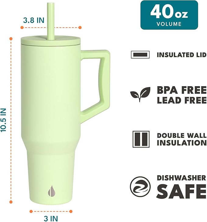 Elemental 40 oz Tumbler with Handle and Straw - Spill Proof Insulated Stainless Steel Commuter for Hot and Cold Beverages - Travel Coffee Mug with 2 Straws & Spill Proof Lid - 40oz - Key Lime - Bloomnest