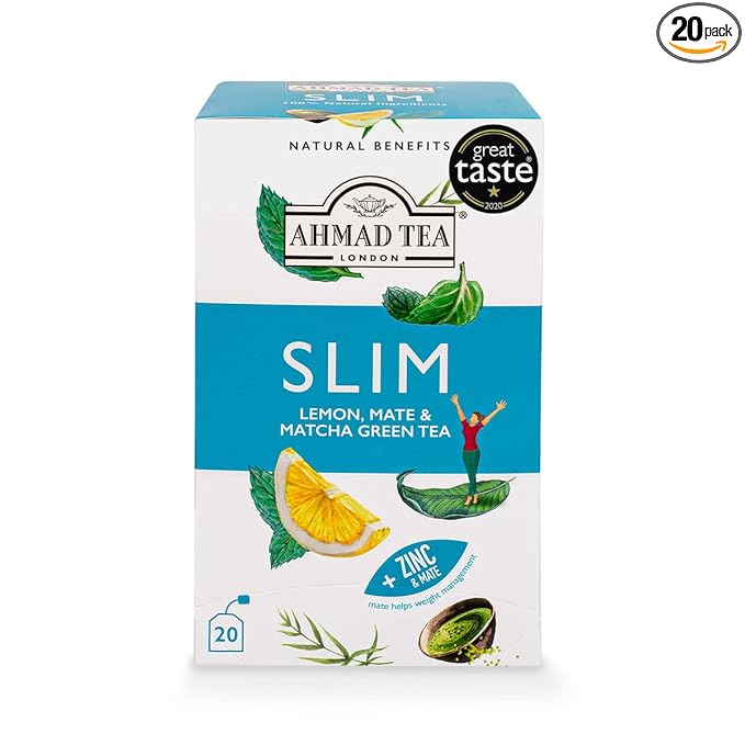 Ahmad Tea Green Tea, Lemon, Mate, & Matcha 'Slim' Natural Benefits Teabags, 20 ct (Pack of 1) - Caffeinated & Sugar-Free - Bloomnest