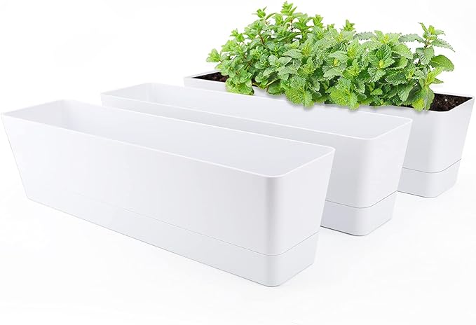 GREANER Window Boxes Planters, 3PCS 16x3.8 Inch Large Herb Planters with Tray, Indoor Succulent Cactus Flowers Vegetable Plastic Rectangle Pots for Balcony, Office, Garden, Outdoor, Windowsill (White) - Bloomnest