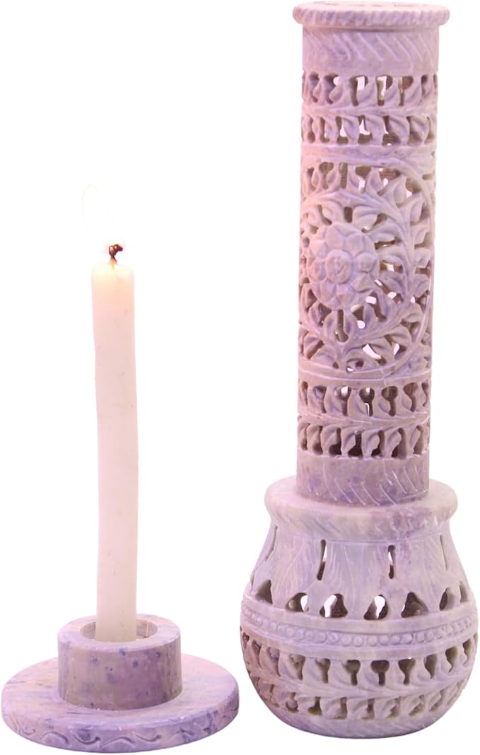 Carry Me Marble Soapstone Incense Stick Holder | Candle Burner | Tea Light Stand - Perfect Handmade Bottle Tower. Decorative Floral Carving for Gifting - Home and Office Decor - (2.5x2.5x10 Inches) - Bloomnest