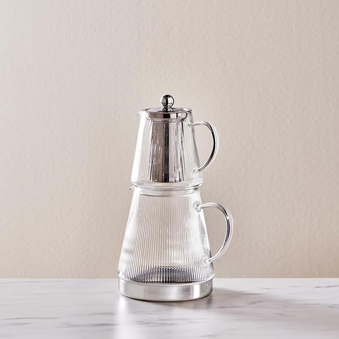 Karaca Keops XL Borosilicate Glass Teapot with Infuser and Lid for Stovetop, Transparent Silver, 1L Tea Pot & 2L Tea Kettle Set for Loose Leaf & Herbal, Dishwasher Safe - Bloomnest