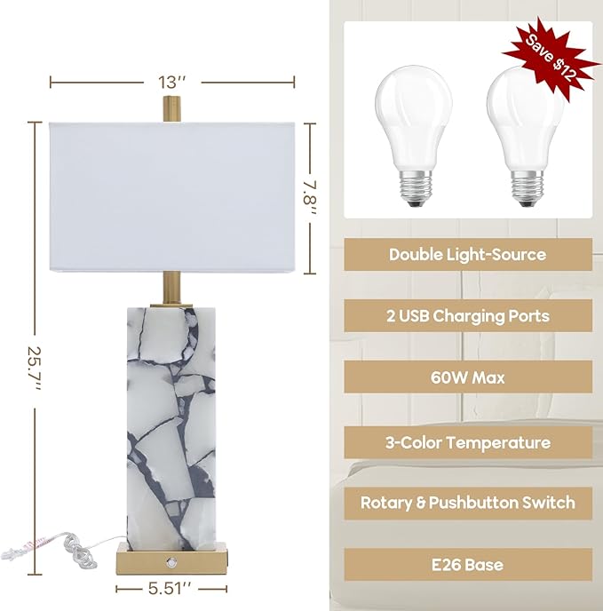 Natural Marble Table Lamps Set of 2: 3-Color Temperatures Alabaster Lamp with Nightlight, Bedside Lamps with USB Ports, Bedroom Lamps for Night Stands End Table Lamps for Living Room, Bulbs Included - Bloomnest