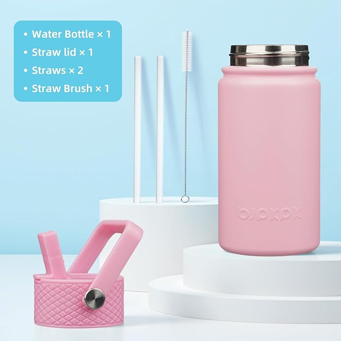 BJPKPK Insulated Water Bottle with Straw Lid, 15oz Cute Water Bottles, Stainless Steel Metal Thermo, Reusable BPA Free Leak Proof Tumblers, Cups,Pink - Bloomnest