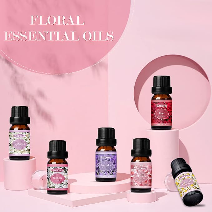 SALKING Floral Essential Oils Set, Premium Pure and Natural Essential Oils, Fragrance Oil Scented Oils for Oil Diffusers 6 x 10 ML - Lavender, Rose, Jasmine, Cherry Blossom, Gardenia, Chamomile - Bloomnest