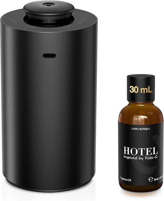 Waterless Essential Oil Diffuser Starter Kit with 30mL Hotel Scent Fragrance Oil Inspired by Ritz-C., Battery Operated Premium Portable Mini Scent Air Machine for Home Car Office, Black ANX - Bloomnest