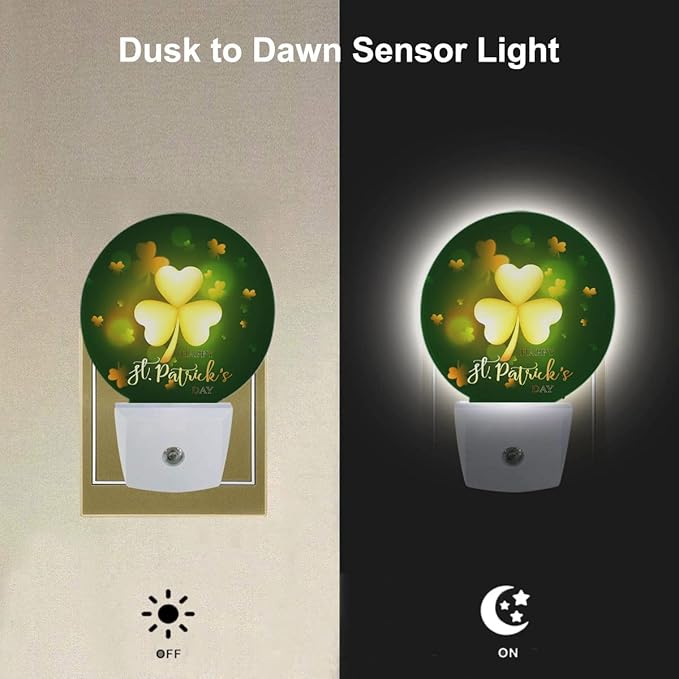 EKOBLA Happy St Patrick Night Lights Plug into Wall Glitter Golden Shamrock Leaves Plug-in Nightlights Home Auto Sensor LED Dusk to Dawn Light for Bedroom Bathroom Kitchen Corridor - Bloomnest