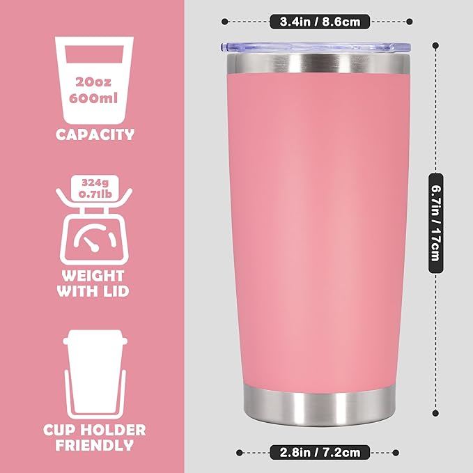 20oz Tumbler Bulk Stainless Steel Tumbler Cup with Lid Vacuum Insulated Double Wall Travel Mug, Durable Powder Coated Travel Coffee Tumbler Mug for Hot & Cold Drinks, Pink,8 Pack - Bloomnest