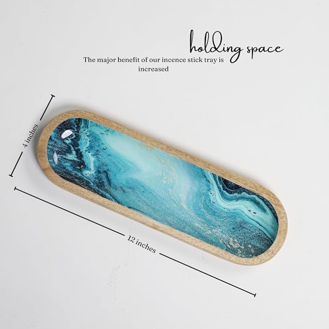 The Art Box Hand-Painted Incense Burner Holder Ocean Blue - 12x4x1 inch Wooden Long Incense Stick Tray Holder for Modern Gift, Ash Catcher Incense Stick Holder - Meditation & Yoga - Bloomnest