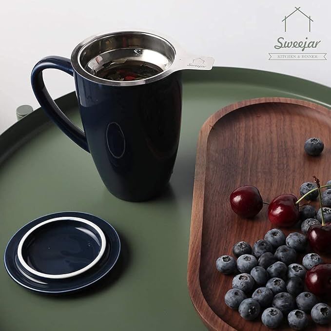 Sweejar Porcelain Tea Infuser Cup with Lid, 16 oz Tea Cup with Strainers for Loose Leaf Tea, Microwave and Dishwasher Safe Coffee Mug, Tea Steeping Mug for Tea Drinkers,Christmas Gift (Navy) - Bloomnest