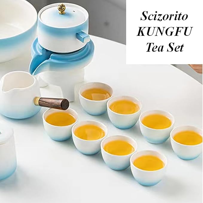Chinese Kung Fu Tea Set, Automatic Stone Grinding Pot, Gift Box Suitable for Tea Ceremony Parties, Gifts, Home, Office Decoration in Mother's Day(Gradient Blue)