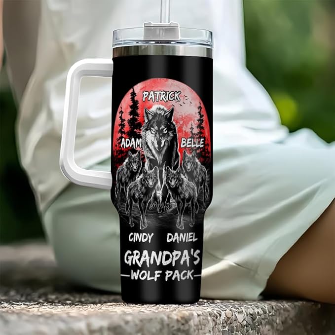 Custom Grandpa’s Wolf Pack Tumbler – Personalized Gift With Wolf Family and Grandkids’ Names – Red Moon Forest Design – Birthday or Father’s Day Mug - Bloomnest