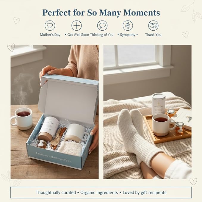 UnboxMe Tea Gift Basket Care Package for Women - Self Care Box with Cozy Socks, Mug, Chai Tea, Honey & Cinnamon, Get Well Soon, Thinking of You - Bloomnest