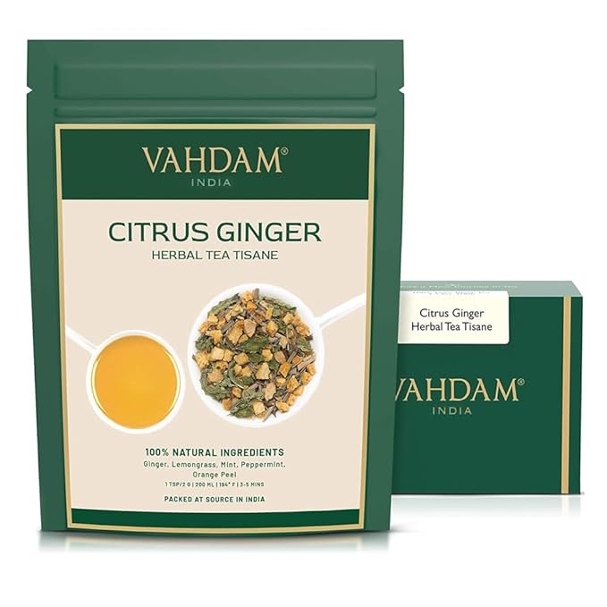 VAHDAM, Citrus Ginger Herbal Tea Tisane (50 Cups, 3.53 oz) Gluten Free, Non GMO | Ginger, Lemongrass, Orange Peels, Mint | Herbal Tea Loose Leaf | Vacuum Sealed Pack - Bloomnest