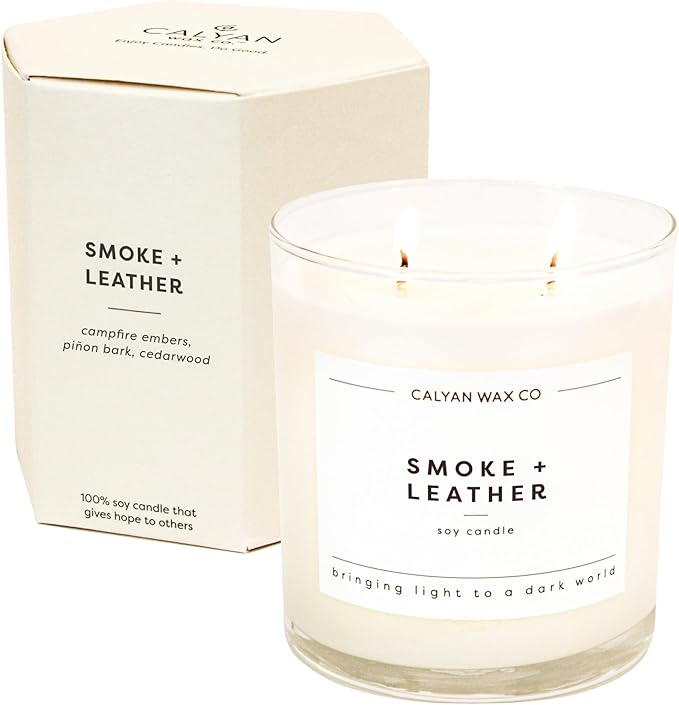 Calyan Wax Co. 2 Wick Candle, Smoke + Leather Scented Candle, 37 Hour Burn Time, Aromatherapy Soy Candles, Non Toxic & Vegan Soy Wax, Glass Tumbler Scented Candles, 8.8oz - Bloomnest