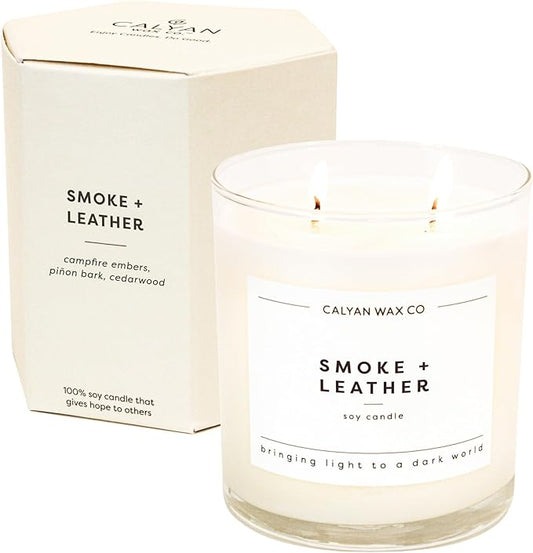 Calyan Wax Co. 2 Wick Candle, Smoke + Leather Scented Candle, 37 Hour Burn Time, Aromatherapy Soy Candles, Non Toxic & Vegan Soy Wax, Glass Tumbler Scented Candles, 8.8oz - Bloomnest