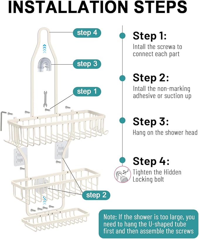 Shower Caddy Hanging - Never Rust Shower Hanging Organizer - Aluminum Over the ShowerHead Caddy with Soap Basket and 6 Hooks for Razor/Sponge (Milky White) - Bloomnest