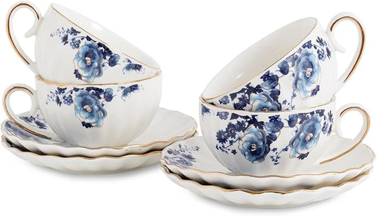 Tea Cup and Saucers, 6.4oz Floral Tea Cups with Gold Trim, Porcelain Bone China Teacup, Coffee Cappuccino Espresso Latte Mugs for Party Birthday,Christmas Gift (White with blue flower) - Bloomnest