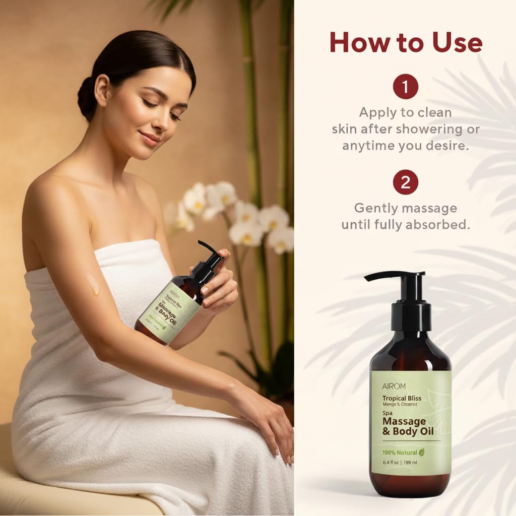 AiROM Mango & Coconut Massage Oil for Massage Therapy – Tropical Bliss - Scented Body Oil for Women – Hypoallergenic, Relaxing Aromatherapy, Non-Greasy, Nut-Free - 6.4 fl oz