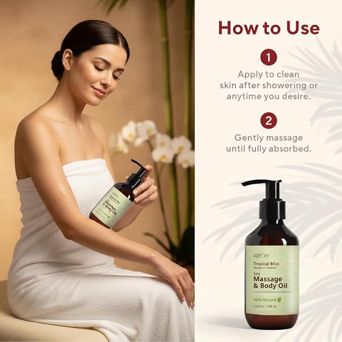AiROM Mango & Coconut Massage Oil for Massage Therapy – Tropical Bliss - Scented Body Oil for Women – Hypoallergenic, Relaxing Aromatherapy, Non-Greasy, Nut-Free - 6.4 fl oz - Bloomnest