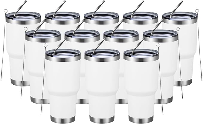 MEWAY 30oz Insulated Tumbler With Lids and Straws,Stainless Steel Double Vacuum Coffee Tumbler Cup, Brush, Durable Powder Coated Coffee Cup for Cold & Hot Drinks, Office, Travel(White,12 PACK) - Bloomnest