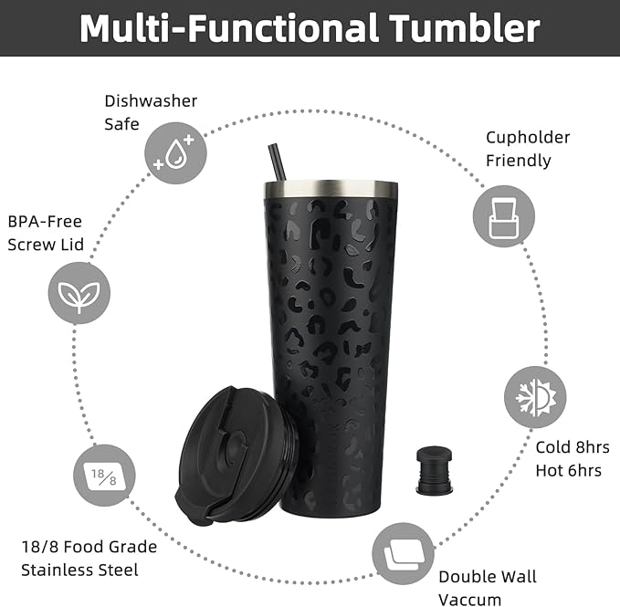 BJPKPK 30oz Insulated Tumbler With lid And Straw Stainless Steel Tumblers Travel Coffee Mug Reusable Thermal Cup,Black Leopard - Bloomnest