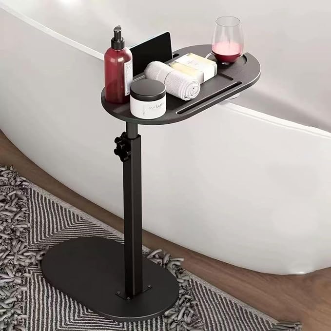 Bamboo Bathtub Tray Table with Adjustable Height,Freestanding Bath Caddy Side Table， Tub Shelf with Wine Glass Phone Holder, Suitable for Luxury Spa ，House Warming Gift and Bathing Reading（Black） - Bloomnest