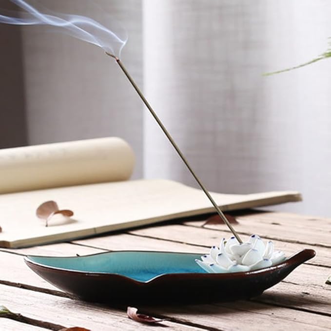 Incense Holder for Sticks, Ceramic Incense Ash Catcher Tray, Leaf-Shape Tray and Lotus Sticks Holder (Sky Blue) - Bloomnest