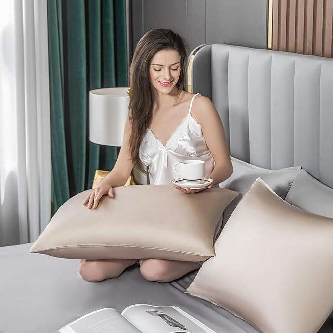 2 Pcs Mulberry Silk Pillowcase for Hair and Skin,Cooling Silk Pillow Case with Hidden Zipper,Allergen Proof Dual Sides Soft Breathable Smooth Silk Pillow Cover for Women(Queen-2PCS,Champagne) - Bloomnest