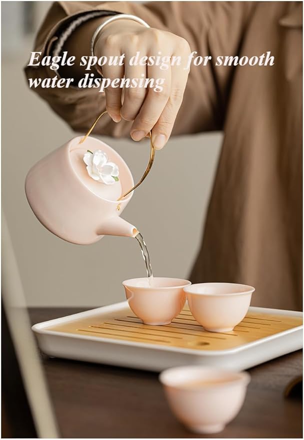 Japanese Porcelain Tea Set, Pink Kungfu Teapot Set with 1 Teapot, 4 Tea Cups, 1 Tea Tray, for Adults, Tea Lover/Women/Men/Office/Home (Pink) - Bloomnest